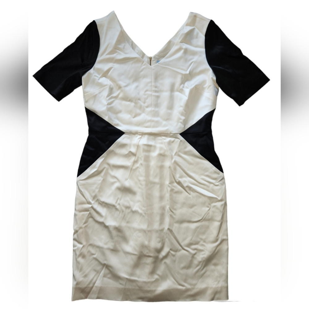 Antonio Melani Dress Black & Ivory Size 12 Color Block Exposed Gold Zipper Satin